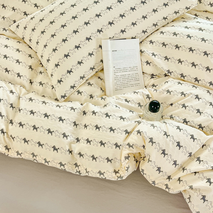 91家纺网 家纺一手货源 找家纺 斯卡诺家纺 2026爆款古法水洗仿棉四件套韩国小布袋五件套（高克重斜纹加厚） 小木马