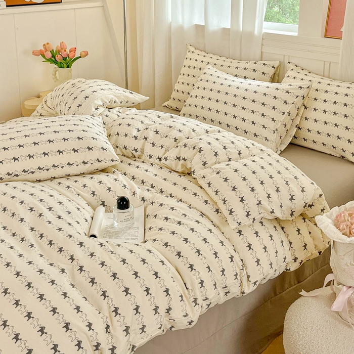 91家纺网 家纺一手货源 找家纺 斯卡诺家纺 2026爆款古法水洗仿棉四件套韩国小布袋五件套（高克重斜纹加厚） 小木马