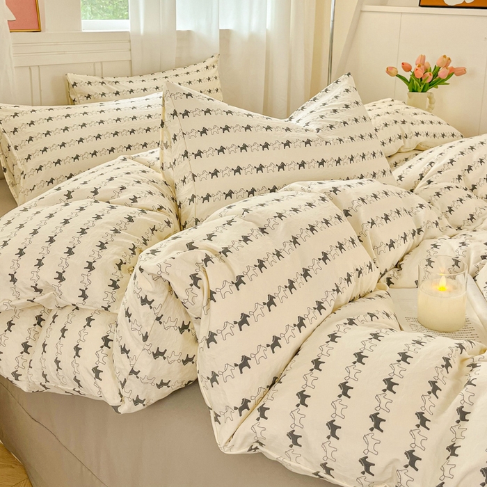 91家纺网 家纺一手货源 找家纺 斯卡诺家纺 2026爆款古法水洗仿棉四件套韩国小布袋五件套（高克重斜纹加厚） 小木马