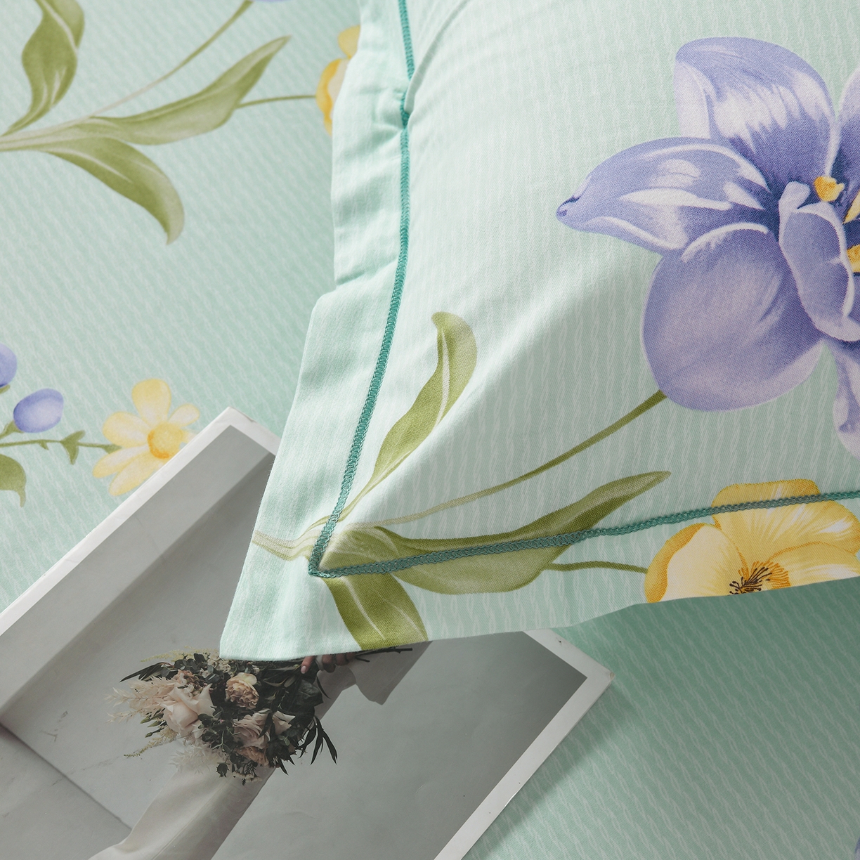 91家纺网 家纺一手货源 找家纺 润淳家居 2025新款百分百全棉磨毛四件套 后庭花 绿