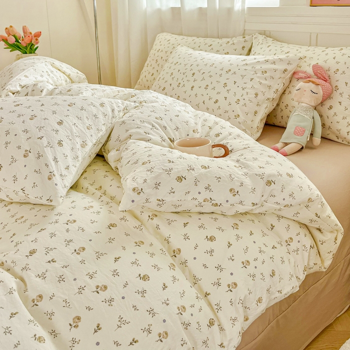 91家纺网 家纺一手货源 找家纺 斯卡诺家纺 2026爆款古法水洗仿棉四件套韩国小布袋五件套（高克重斜纹加厚） 小情调