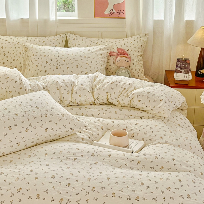 91家纺网 家纺一手货源 找家纺 斯卡诺家纺 2026爆款古法水洗仿棉四件套韩国小布袋五件套（高克重斜纹加厚） 小情调