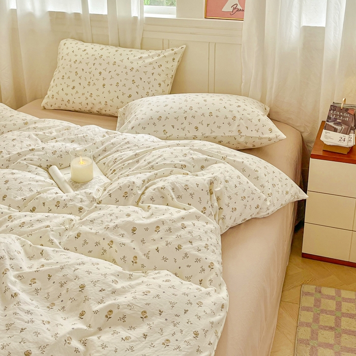 91家纺网 家纺一手货源 找家纺 斯卡诺家纺 2026爆款古法水洗仿棉四件套韩国小布袋五件套（高克重斜纹加厚） 小情调