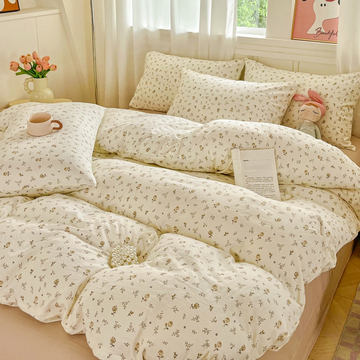 91家纺网 家纺一手货源 找家纺 斯卡诺家纺 2026爆款古法水洗仿棉四件套韩国小布袋五件套（高克重斜纹加厚） 小情调