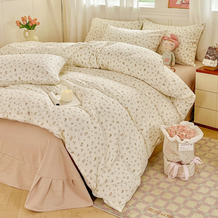 91家纺网 家纺一手货源 找家纺 斯卡诺家纺 2026爆款古法水洗仿棉四件套韩国小布袋五件套（高克重斜纹加厚） 小情调