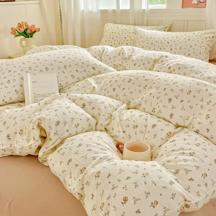 91家纺网 家纺一手货源 找家纺 斯卡诺家纺 2026爆款古法水洗仿棉四件套韩国小布袋五件套（高克重斜纹加厚） 小情调