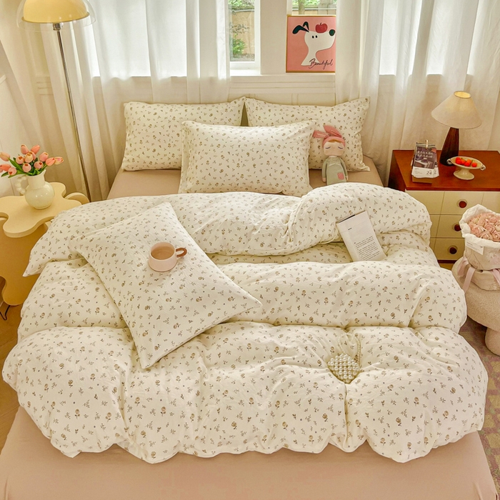 91家纺网 家纺一手货源 找家纺 斯卡诺家纺 2026爆款古法水洗仿棉四件套韩国小布袋五件套（高克重斜纹加厚） 小情调