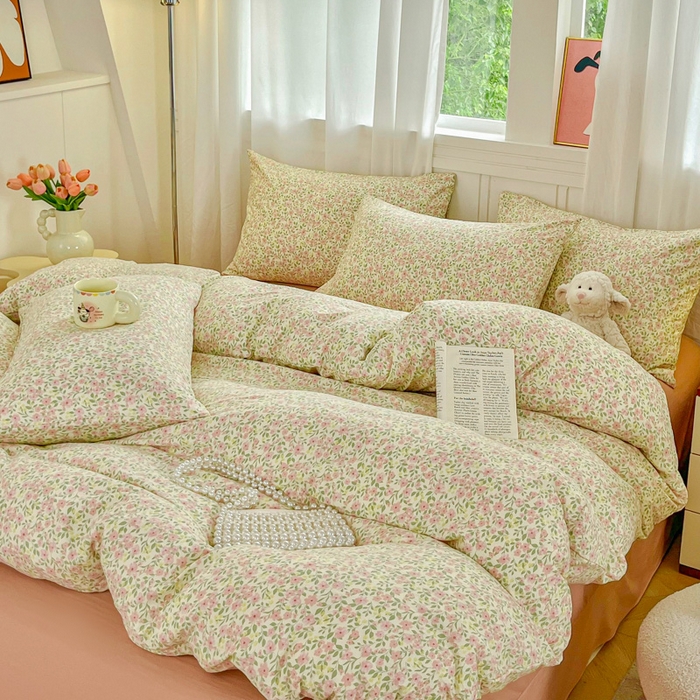 91家纺网 家纺一手货源 找家纺 斯卡诺家纺 2026爆款古法水洗仿棉四件套韩国小布袋五件套（高克重斜纹加厚） 悠悠花海