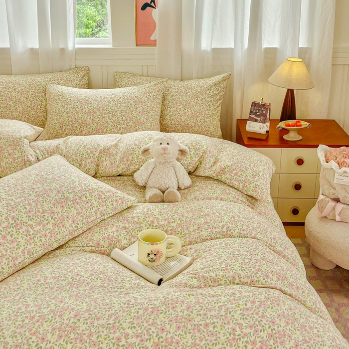 91家纺网 家纺一手货源 找家纺 斯卡诺家纺 2026爆款古法水洗仿棉四件套韩国小布袋五件套（高克重斜纹加厚） 悠悠花海