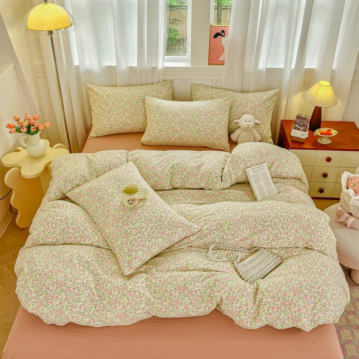 91家纺网 家纺一手货源 找家纺 斯卡诺家纺 2026爆款古法水洗仿棉四件套韩国小布袋五件套（高克重斜纹加厚） 悠悠花海