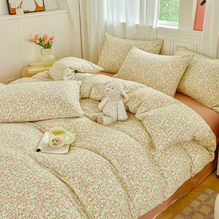 91家纺网 家纺一手货源 找家纺 斯卡诺家纺 2026爆款古法水洗仿棉四件套韩国小布袋五件套（高克重斜纹加厚） 悠悠花海