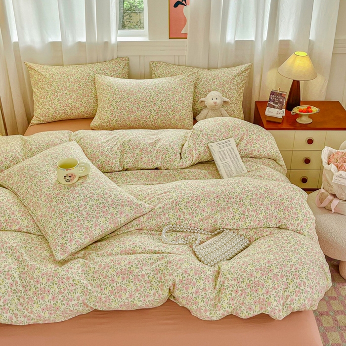 91家纺网 家纺一手货源 找家纺 斯卡诺家纺 2026爆款古法水洗仿棉四件套韩国小布袋五件套（高克重斜纹加厚） 悠悠花海