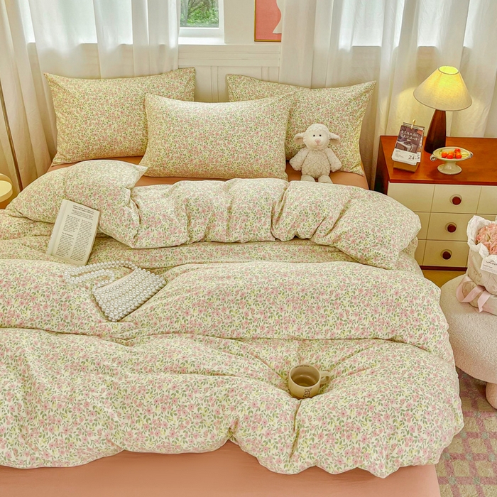 91家纺网 家纺一手货源 找家纺 斯卡诺家纺 2026爆款古法水洗仿棉四件套韩国小布袋五件套（高克重斜纹加厚） 悠悠花海