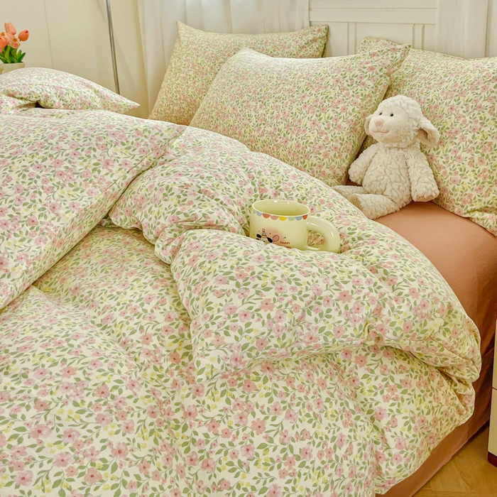 91家纺网 家纺一手货源 找家纺 斯卡诺家纺 2026爆款古法水洗仿棉四件套韩国小布袋五件套（高克重斜纹加厚） 悠悠花海