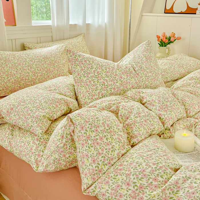 91家纺网 家纺一手货源 找家纺 斯卡诺家纺 2026爆款古法水洗仿棉四件套韩国小布袋五件套（高克重斜纹加厚） 悠悠花海