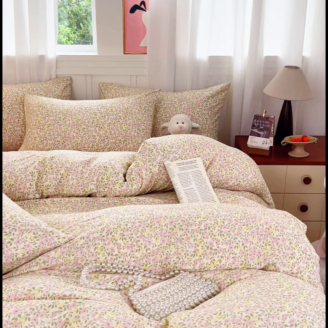 91家纺网 家纺一手货源 找家纺 斯卡诺家纺 2026爆款古法水洗仿棉四件套韩国小布袋五件套（高克重斜纹加厚） 悠悠花海