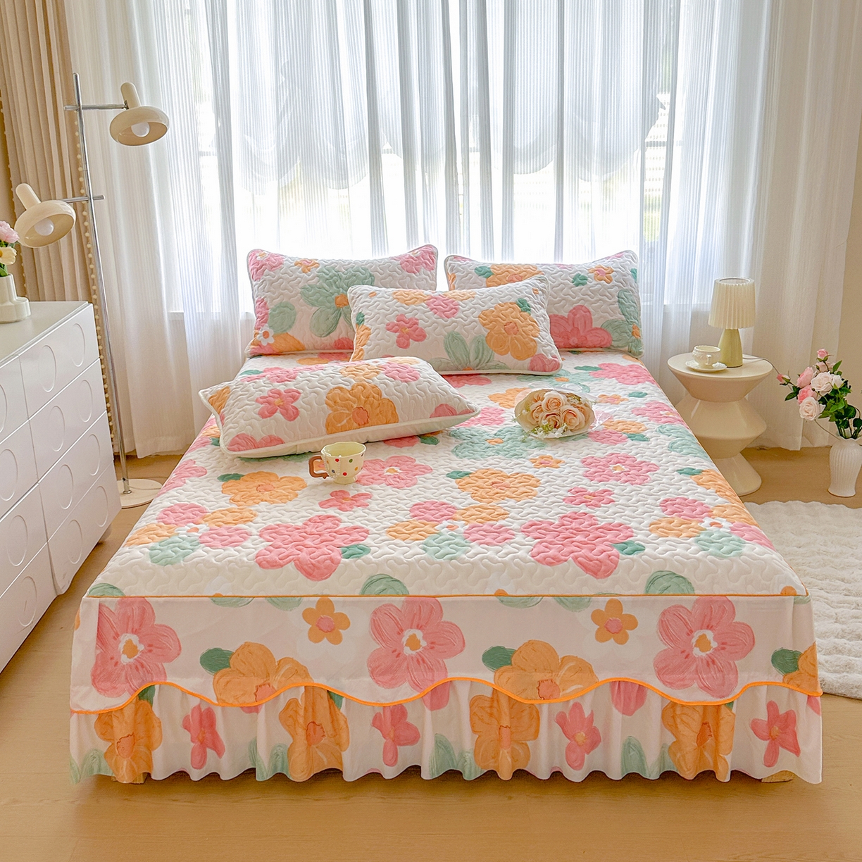 91家纺网 家纺一手货源 找家纺 笠裙家纺 2025新款磨毛夹棉S边单件三件套韩版防滑床裙单床裙床裙单件 美好