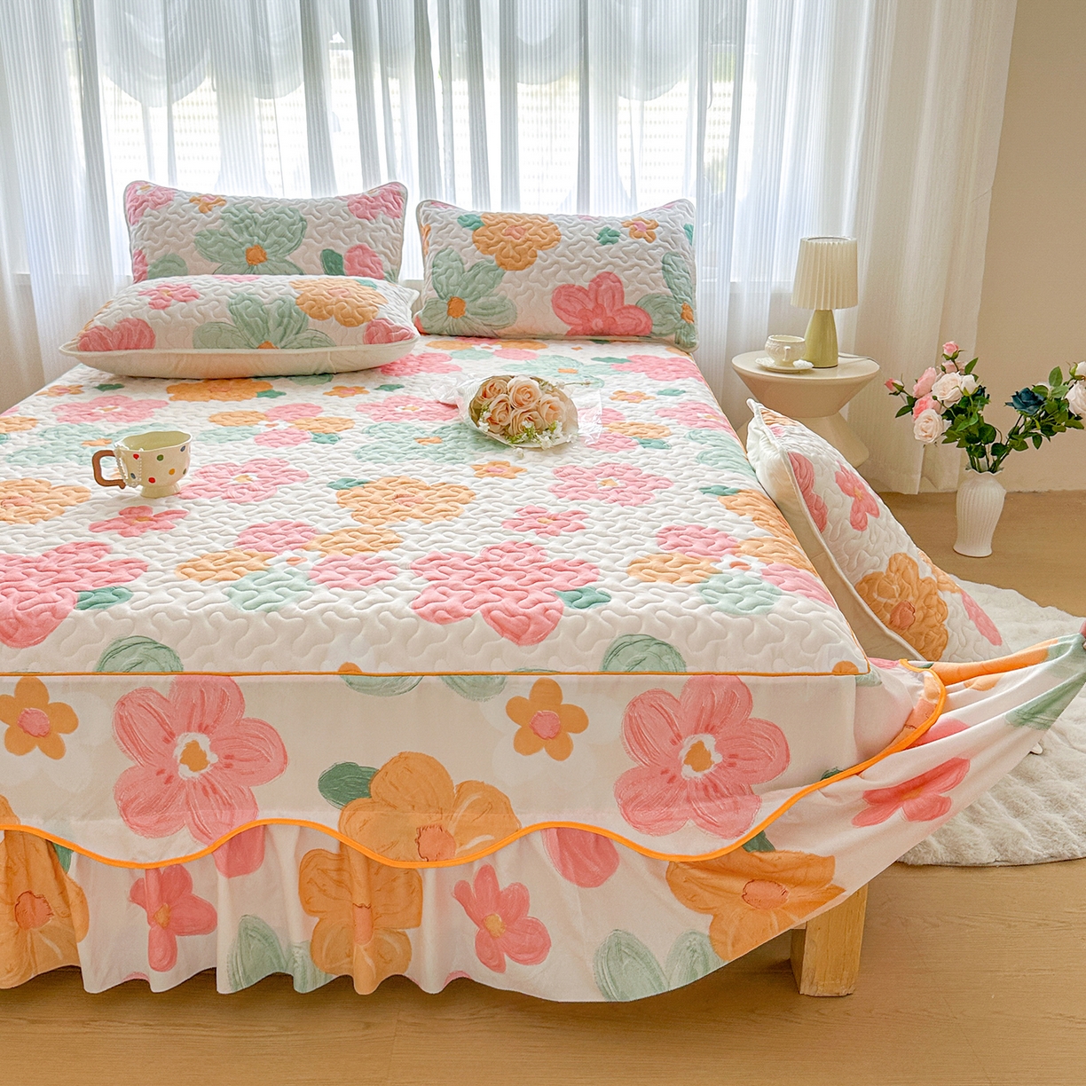 91家纺网 家纺一手货源 找家纺 笠裙家纺 2025新款磨毛夹棉S边单件三件套韩版防滑床裙单床裙床裙单件 美好