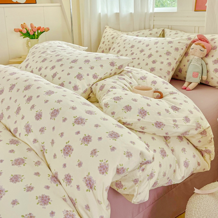 91家纺网 家纺一手货源 找家纺 斯卡诺家纺 2026爆款古法水洗仿棉四件套韩国小布袋五件套（高克重斜纹加厚） 紫萱