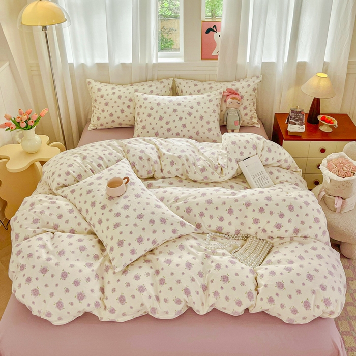 91家纺网 家纺一手货源 找家纺 斯卡诺家纺 2026爆款古法水洗仿棉四件套韩国小布袋五件套（高克重斜纹加厚） 紫萱