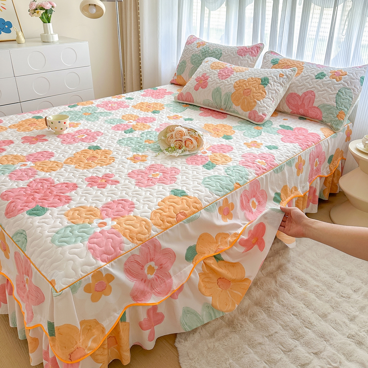 91家纺网 家纺一手货源 找家纺 笠裙家纺 2025新款磨毛夹棉S边单件三件套韩版防滑床裙单床裙床裙单件 美好