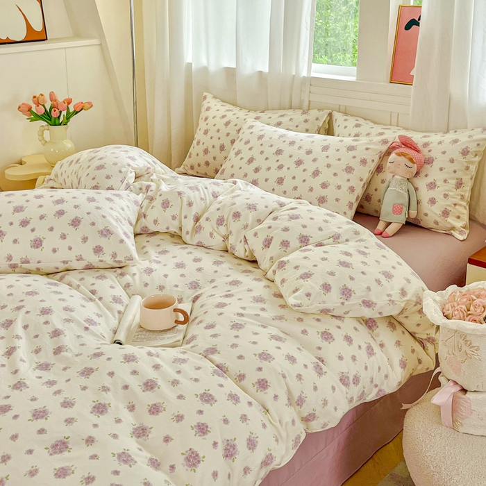 91家纺网 家纺一手货源 找家纺 斯卡诺家纺 2026爆款古法水洗仿棉四件套韩国小布袋五件套（高克重斜纹加厚） 紫萱