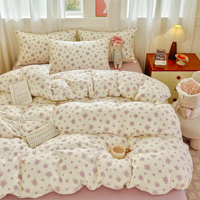 91家纺网 家纺一手货源 找家纺 斯卡诺家纺 2026爆款古法水洗仿棉四件套韩国小布袋五件套（高克重斜纹加厚） 紫萱