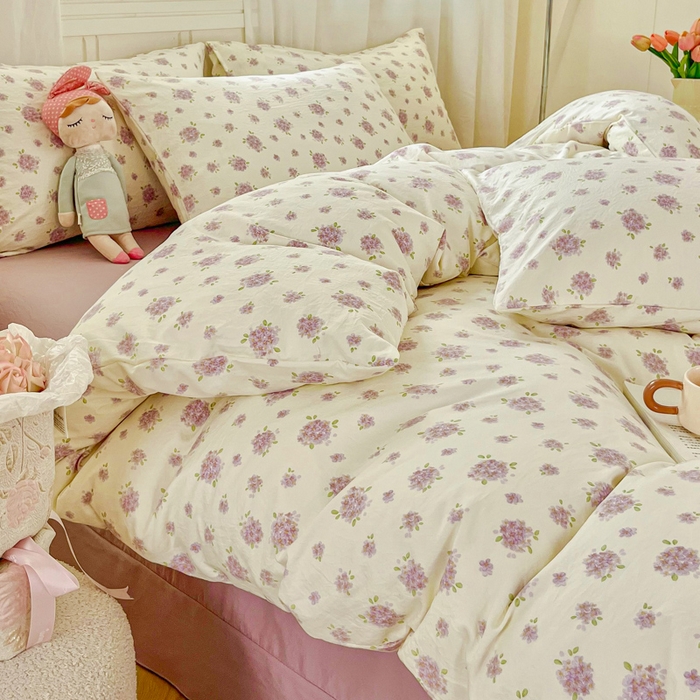 91家纺网 家纺一手货源 找家纺 斯卡诺家纺 2026爆款古法水洗仿棉四件套韩国小布袋五件套（高克重斜纹加厚） 紫萱