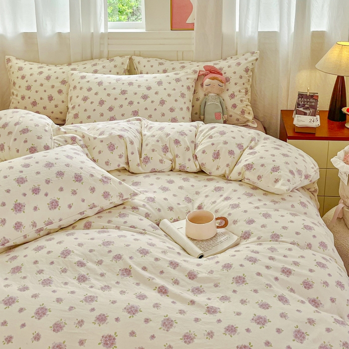 91家纺网 家纺一手货源 找家纺 斯卡诺家纺 2026爆款古法水洗仿棉四件套韩国小布袋五件套（高克重斜纹加厚） 紫萱