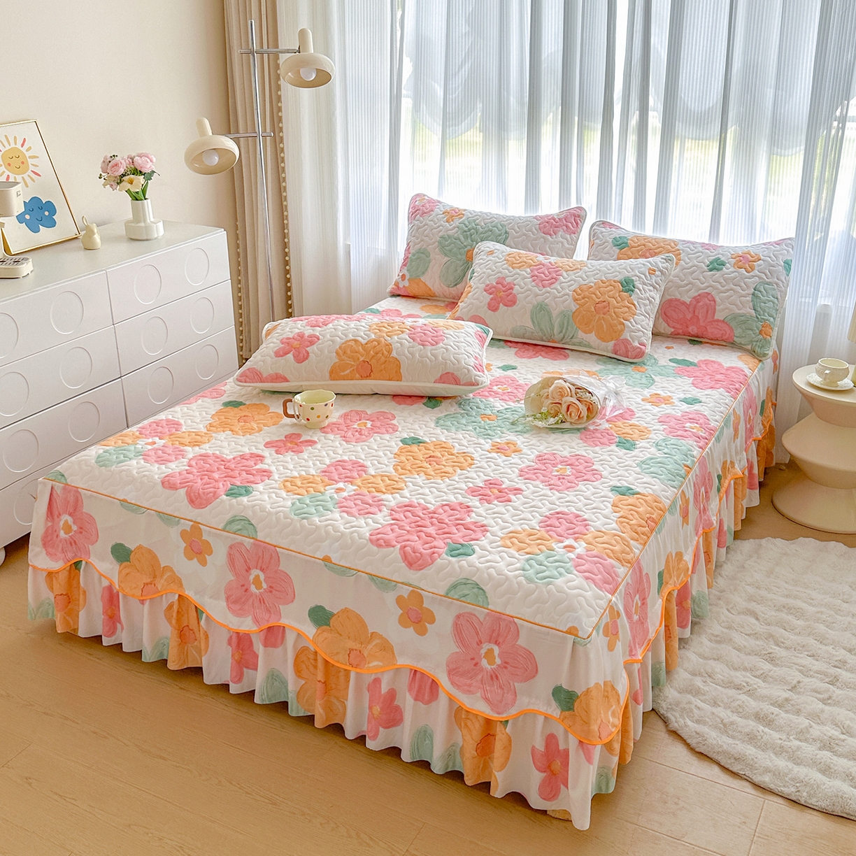 91家纺网 家纺一手货源 找家纺 笠裙家纺 2025新款磨毛夹棉S边单件三件套韩版防滑床裙单床裙床裙单件 美好