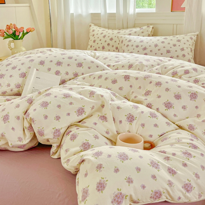 91家纺网 家纺一手货源 找家纺 斯卡诺家纺 2026爆款古法水洗仿棉四件套韩国小布袋五件套（高克重斜纹加厚） 紫萱