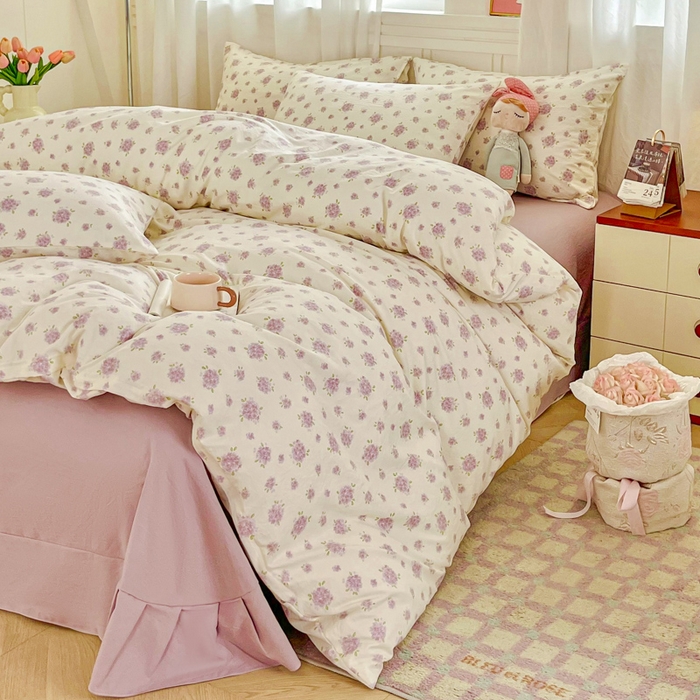 91家纺网 家纺一手货源 找家纺 斯卡诺家纺 2026爆款古法水洗仿棉四件套韩国小布袋五件套（高克重斜纹加厚） 紫萱