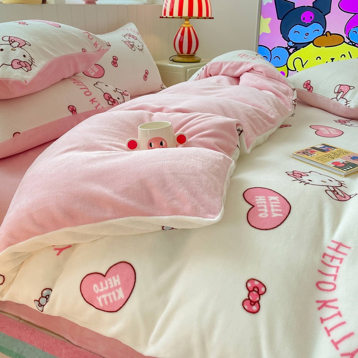 91家纺网 家纺一手货源 找家纺 金爱家 2025新款A类正版三丽鸥授权卡通加厚高克重牛奶绒系列四件套 绒三丽鸥-奶油kitty