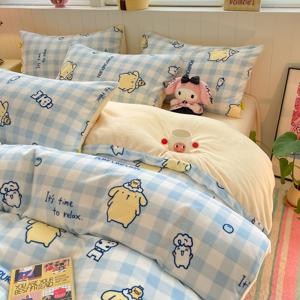 91家纺网 家纺一手货源 找家纺 金爱家 2025新款A类正版三丽鸥授权卡通加厚高克重牛奶绒系列四件套 绒三丽鸥-清新布丁狗