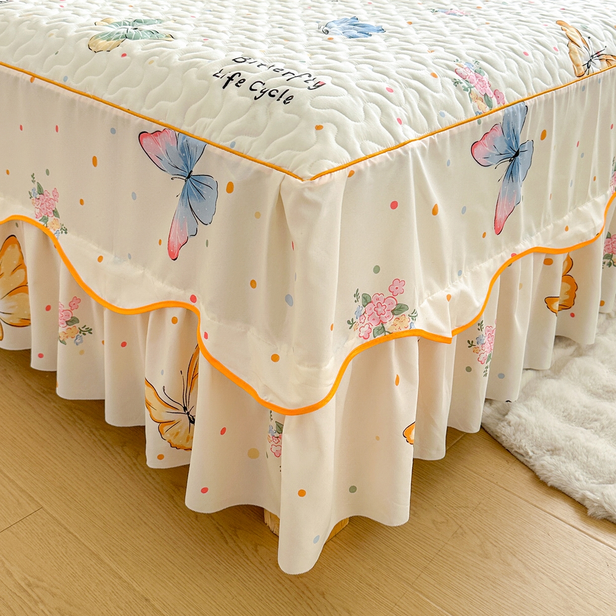 91家纺网 家纺一手货源 找家纺 笠裙家纺 2025新款磨毛夹棉S边单件三件套韩版防滑床裙单床裙床裙单件 比翼