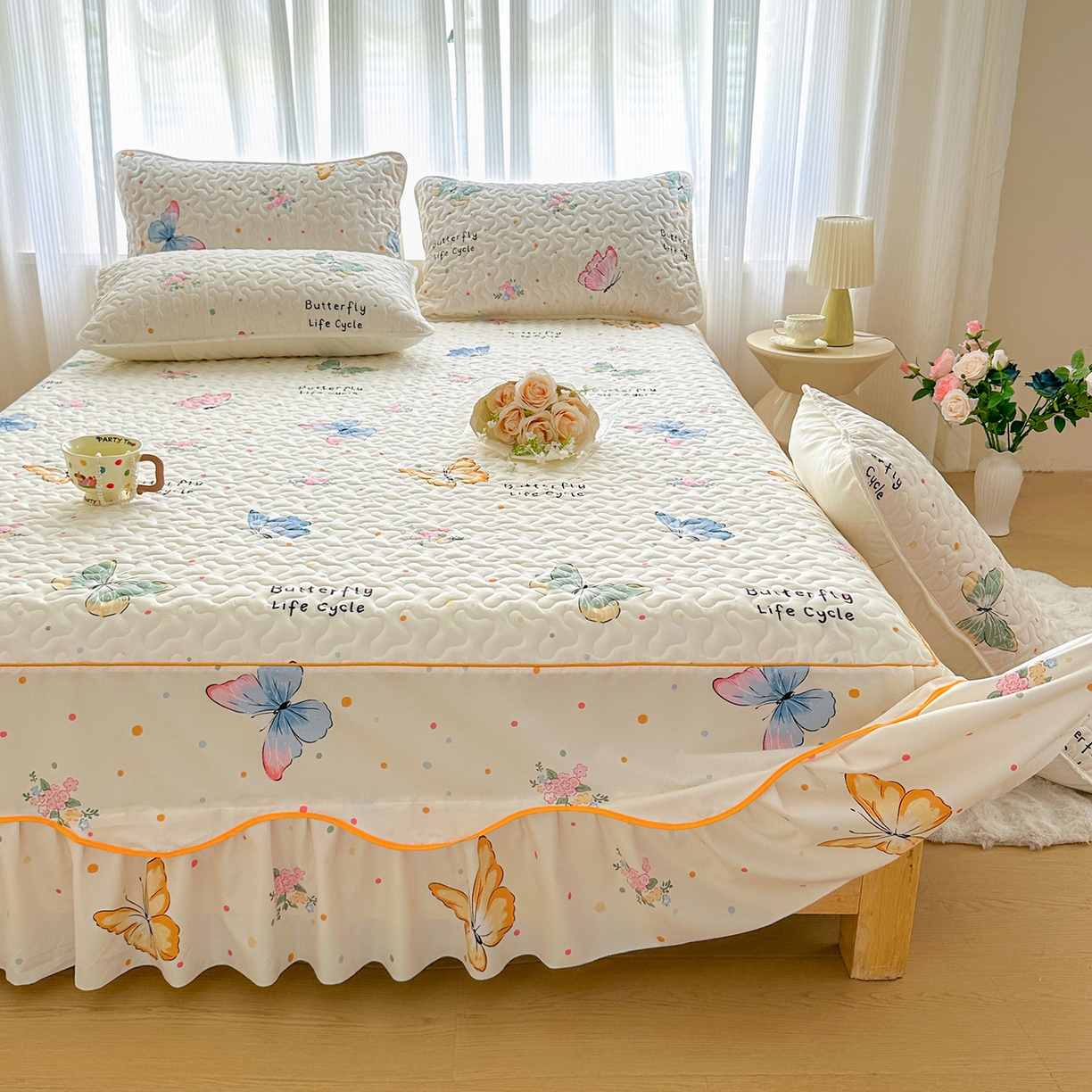 91家纺网 家纺一手货源 找家纺 笠裙家纺 2025新款磨毛夹棉S边单件三件套韩版防滑床裙单床裙床裙单件 比翼