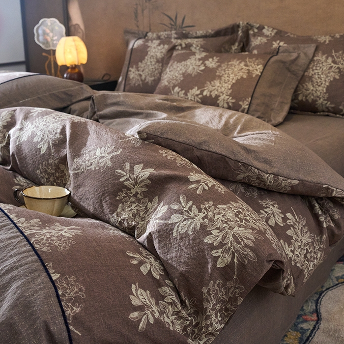 91家纺网 家纺一手货源 找家纺 悦织湾家纺 2025新款复古原麻四件套天然质朴舒适透气轻奢中式床单床笠款床上用品四件套 复古原麻-锦瑟咖