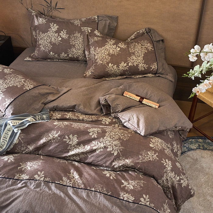 91家纺网 家纺一手货源 找家纺 悦织湾家纺 2025新款复古原麻四件套天然质朴舒适透气轻奢中式床单床笠款床上用品四件套 复古原麻-锦瑟咖