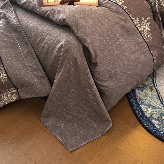 91家纺网 家纺一手货源 找家纺 悦织湾家纺 2025新款复古原麻四件套天然质朴舒适透气轻奢中式床单床笠款床上用品四件套 复古原麻-锦瑟咖