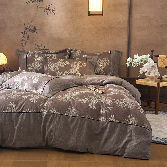 91家纺网 家纺一手货源 找家纺 悦织湾家纺 2025新款复古原麻四件套天然质朴舒适透气轻奢中式床单床笠款床上用品四件套 复古原麻-锦瑟咖