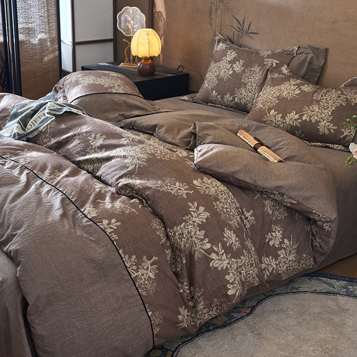 91家纺网 家纺一手货源 找家纺 悦织湾家纺 2025新款复古原麻四件套天然质朴舒适透气轻奢中式床单床笠款床上用品四件套 复古原麻-锦瑟咖