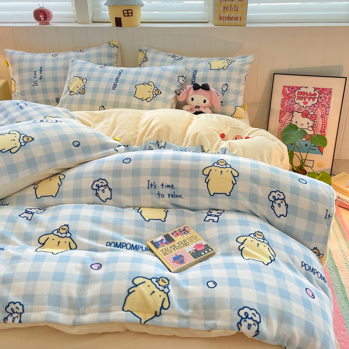 91家纺网 家纺一手货源 找家纺 金爱家 2025新款A类正版三丽鸥授权卡通加厚高克重牛奶绒系列四件套 绒三丽鸥-清新布丁狗