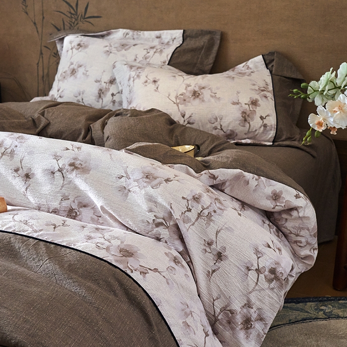 91家纺网 家纺一手货源 找家纺 悦织湾家纺 2025新款复古原麻四件套天然质朴舒适透气轻奢中式床单床笠款床上用品四件套 复古原麻-漫枝