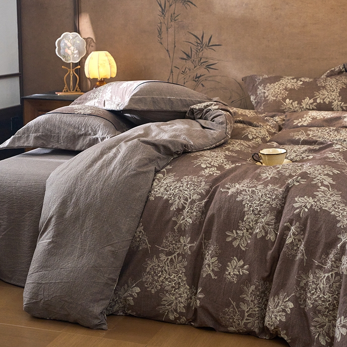 91家纺网 家纺一手货源 找家纺 悦织湾家纺 2025新款复古原麻四件套天然质朴舒适透气轻奢中式床单床笠款床上用品四件套 复古原麻-锦瑟咖