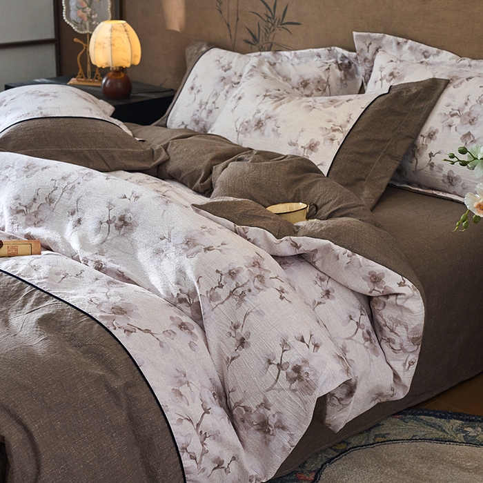 91家纺网 家纺一手货源 找家纺 悦织湾家纺 2025新款复古原麻四件套天然质朴舒适透气轻奢中式床单床笠款床上用品四件套 复古原麻-漫枝