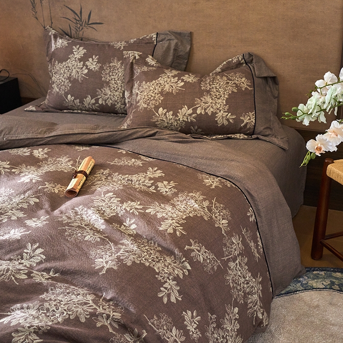 91家纺网 家纺一手货源 找家纺 悦织湾家纺 2025新款复古原麻四件套天然质朴舒适透气轻奢中式床单床笠款床上用品四件套 复古原麻-锦瑟咖