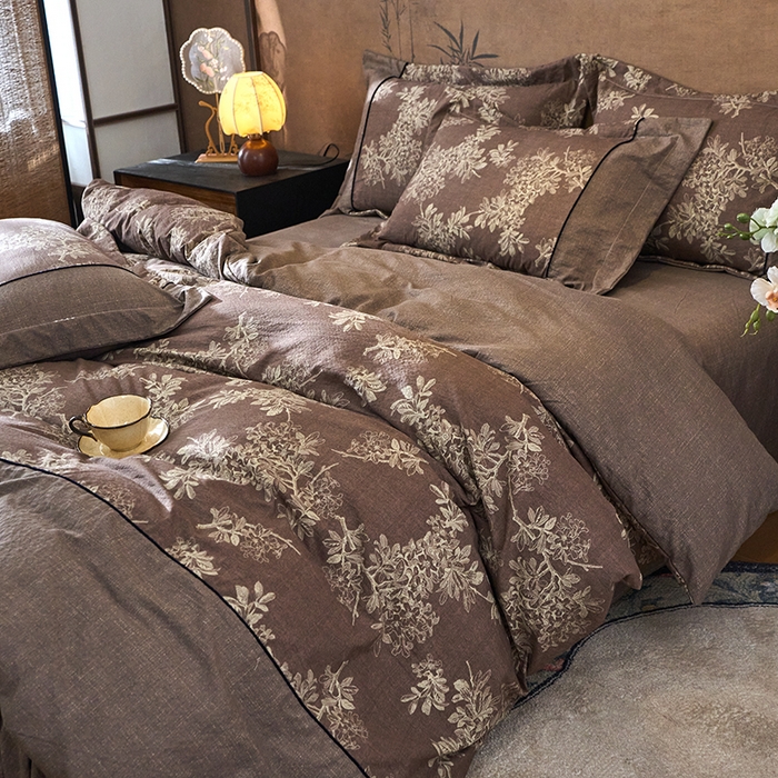 91家纺网 家纺一手货源 找家纺 悦织湾家纺 2025新款复古原麻四件套天然质朴舒适透气轻奢中式床单床笠款床上用品四件套 复古原麻-锦瑟咖