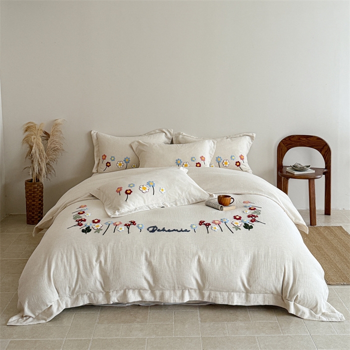 91家纺网 家纺一手货源 找家纺 （总）绒棉世家 2025新款20%亚麻80%棉双层棉麻刺绣四件套