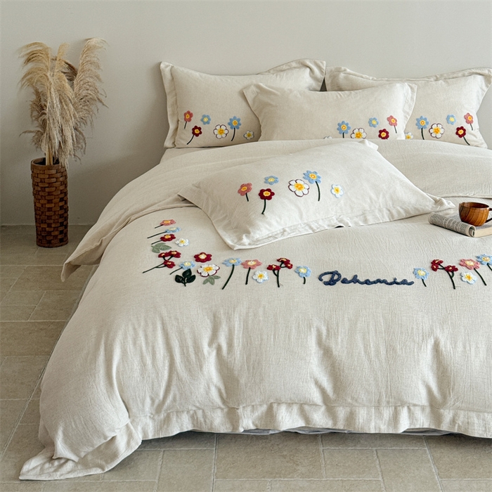 91家纺网 家纺一手货源 找家纺 （总）绒棉世家 2025新款20%亚麻80%棉双层棉麻刺绣四件套