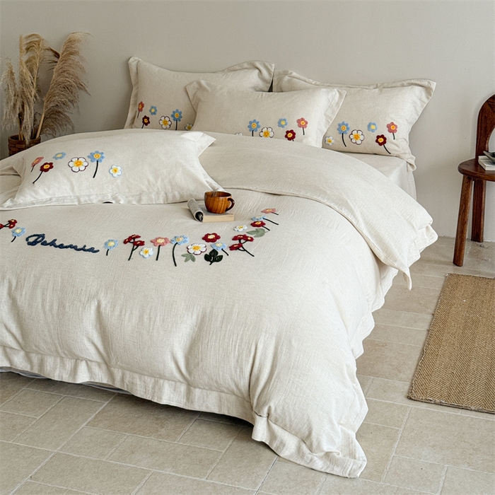 91家纺网 家纺一手货源 找家纺 （总）绒棉世家 2025新款20%亚麻80%棉双层棉麻刺绣四件套